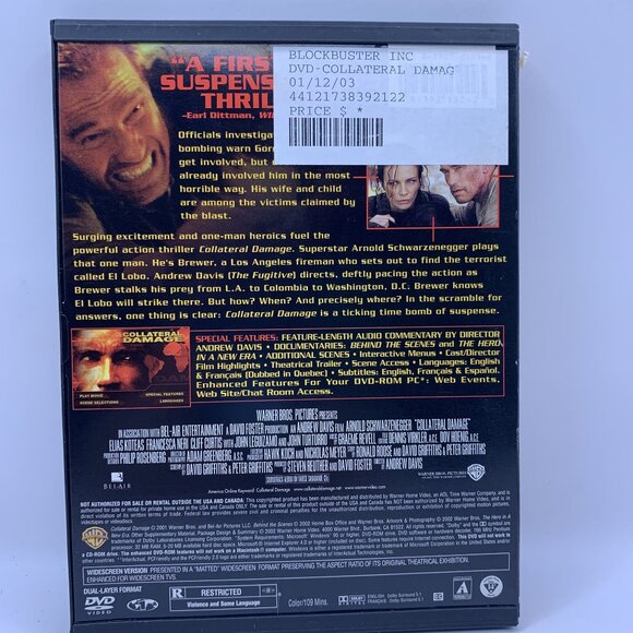 Schwarzenegger Collateral Damage DVD Movie Rated R Warner Bros Widescreen - Picture 2 of 3